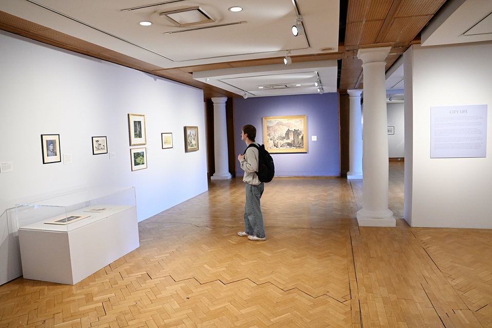 A person views work by Adam Bruce Thomson in a white painted gallery