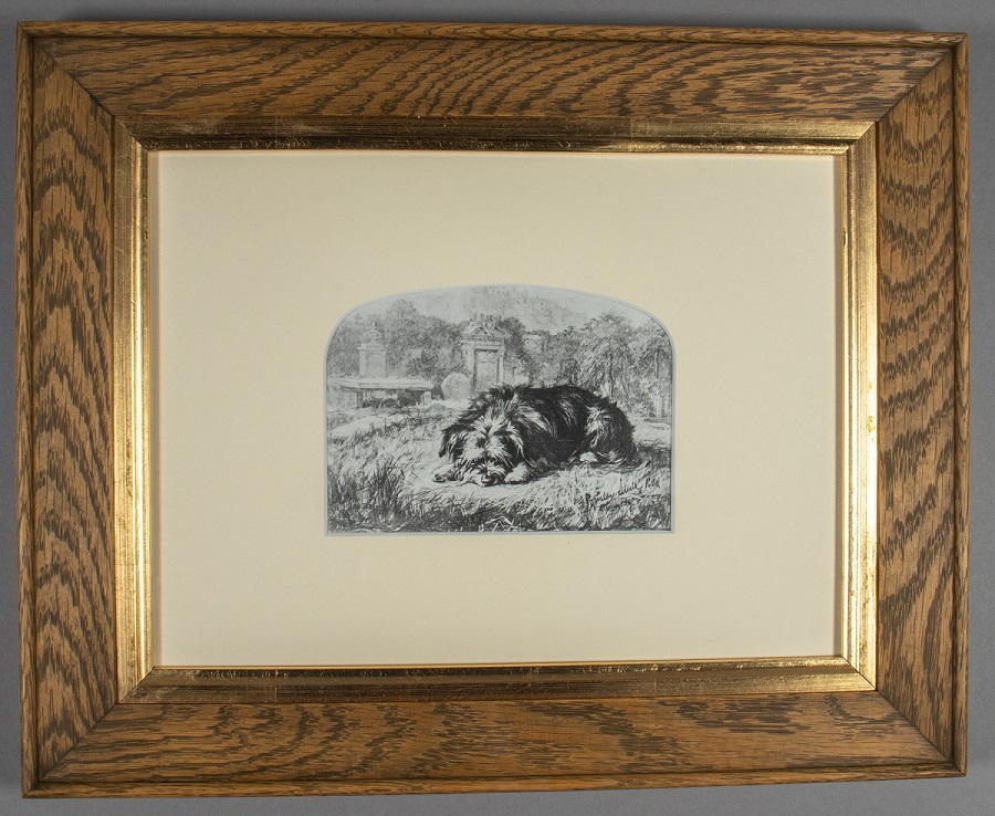 Framed black and white print of a dog lying on the ground