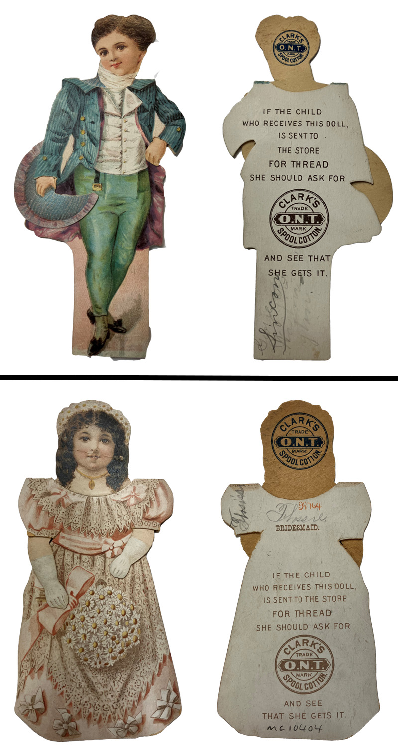 A front and back view of two paper dolls. One is of a boy and the other is a girl. On the back of both is an advertisement for Clarks cotton thread