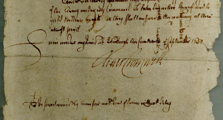 Close up of a letter signed by Oliver Cromwell