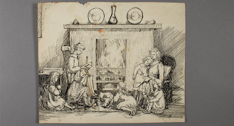 Drawing of children seated by the fireside