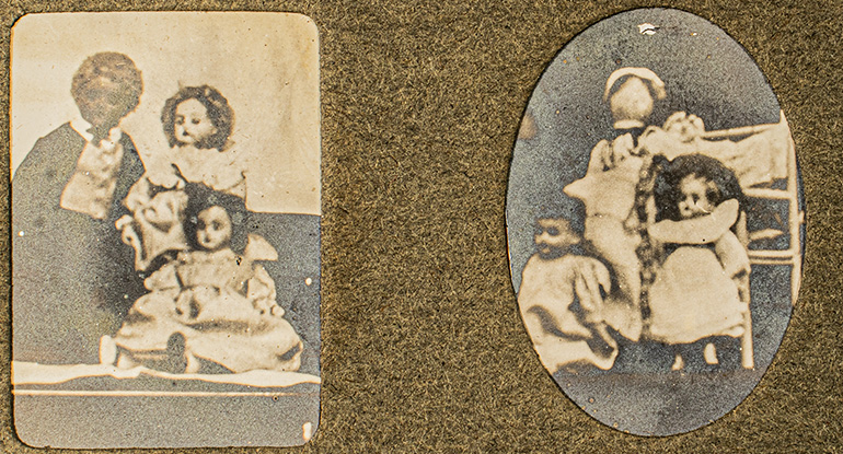 Miniature photographs of dolls in groups