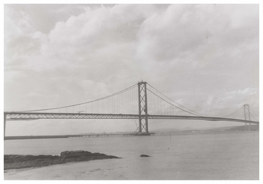 A black and white image of the Forth Road Bridge