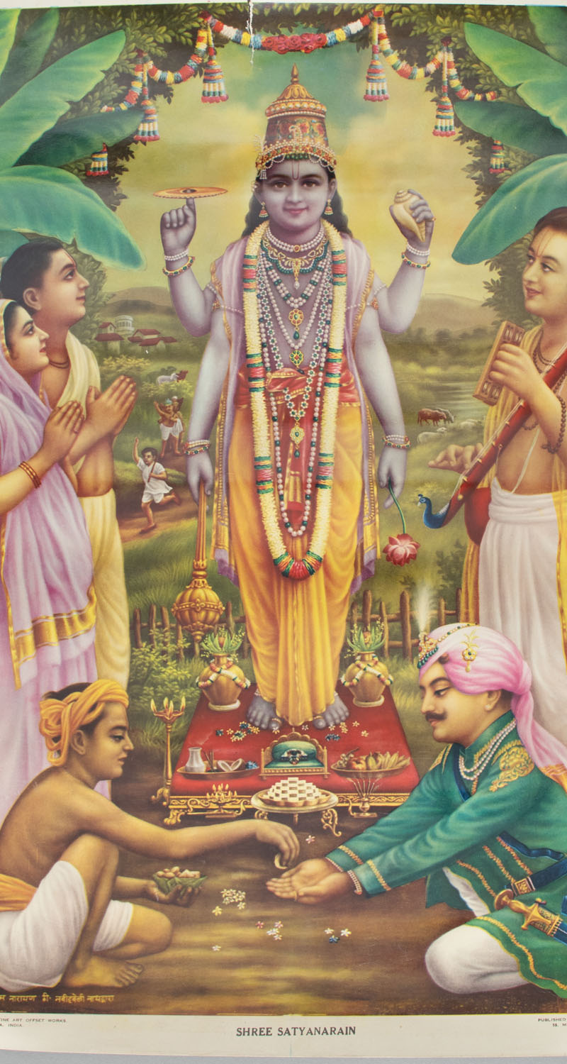 Multicoloured poster of God Vishnu and worshippers