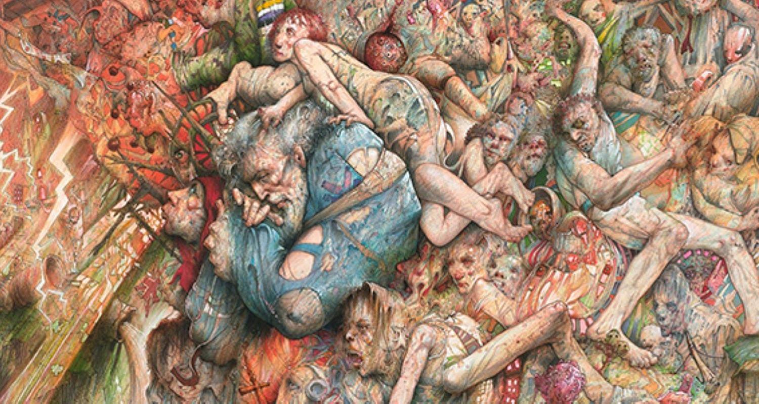 Detail of a painting by Peter Howson featuring lots of figures