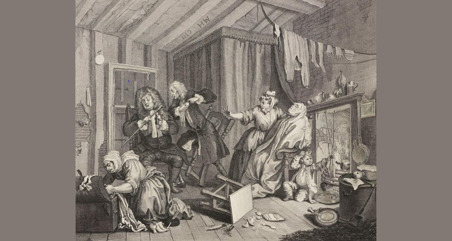 A Hogarth etching. Moll Hackabout is dying while two doctors argue over her treatment. The scene is one of pverty and squalor. Plaster has peeled off the walls, a child sits by the fire, washing hangs on a line above the bed chamber.