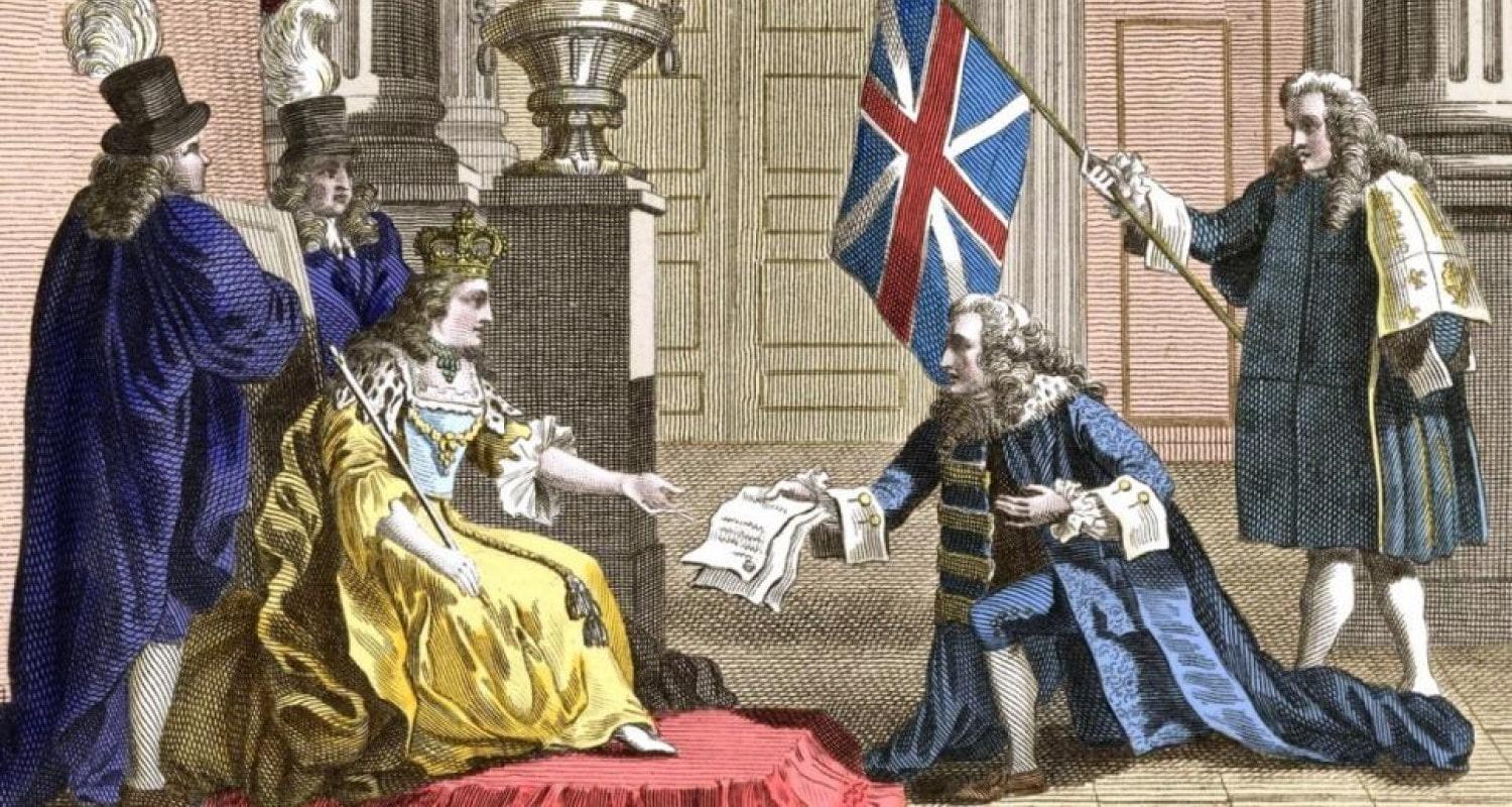 A coloured drawing of the signed treaty being handed to Queen Anne by a kneeling man in flowing blue robes and a wig.Two courtiers stand behind the queen; a fourth man holds the union flag