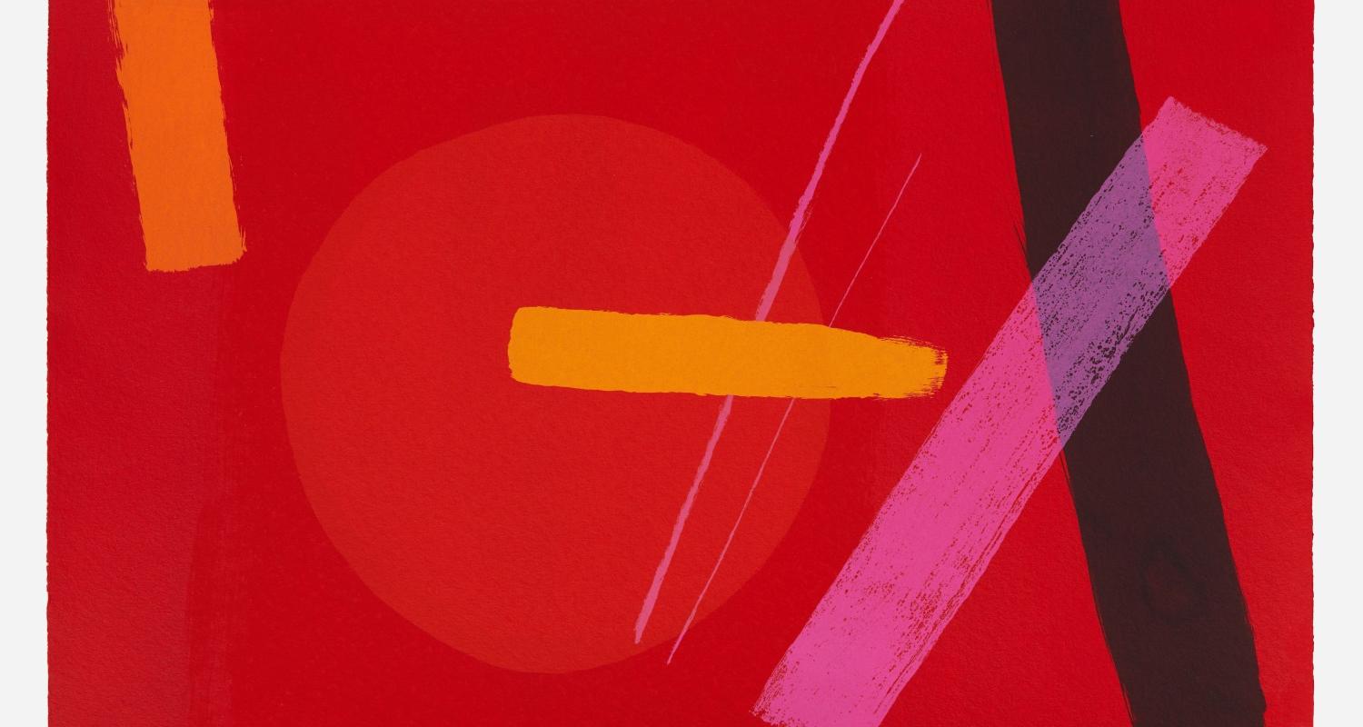 A print with a red background and abstract marks of black, yellow orange and pink in absract style. 