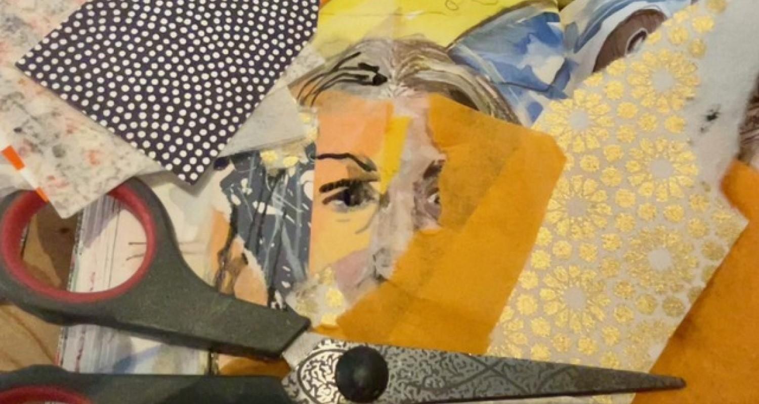 A self portrait with scissors and collage materials