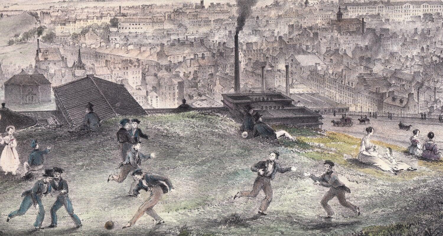 This view looking south from Calton Hill depicts young men playing football, showing that the game was an accepted part of everyday life in the city in the 1840s.