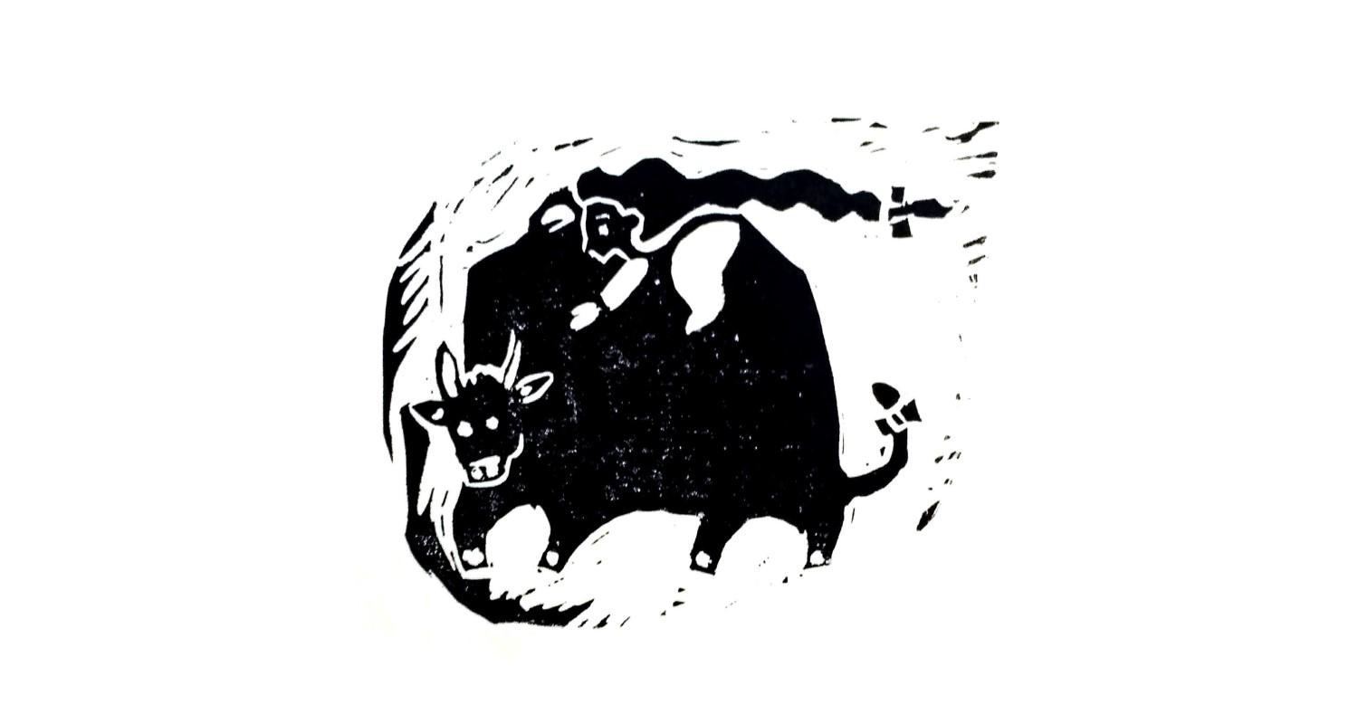 A black and white stencil type image of a black bull with a girl on its bac