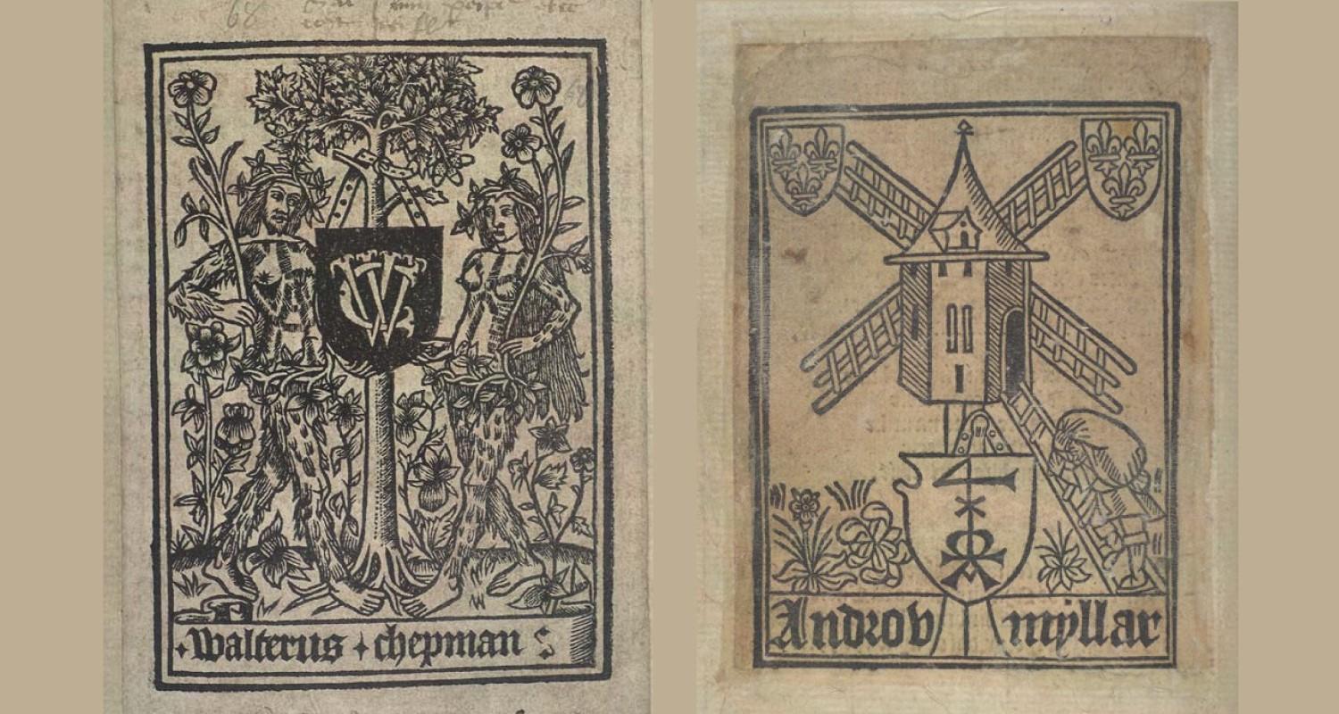 Chepman and Myllar black line imprints of two people beside a tree and a windmill respectively