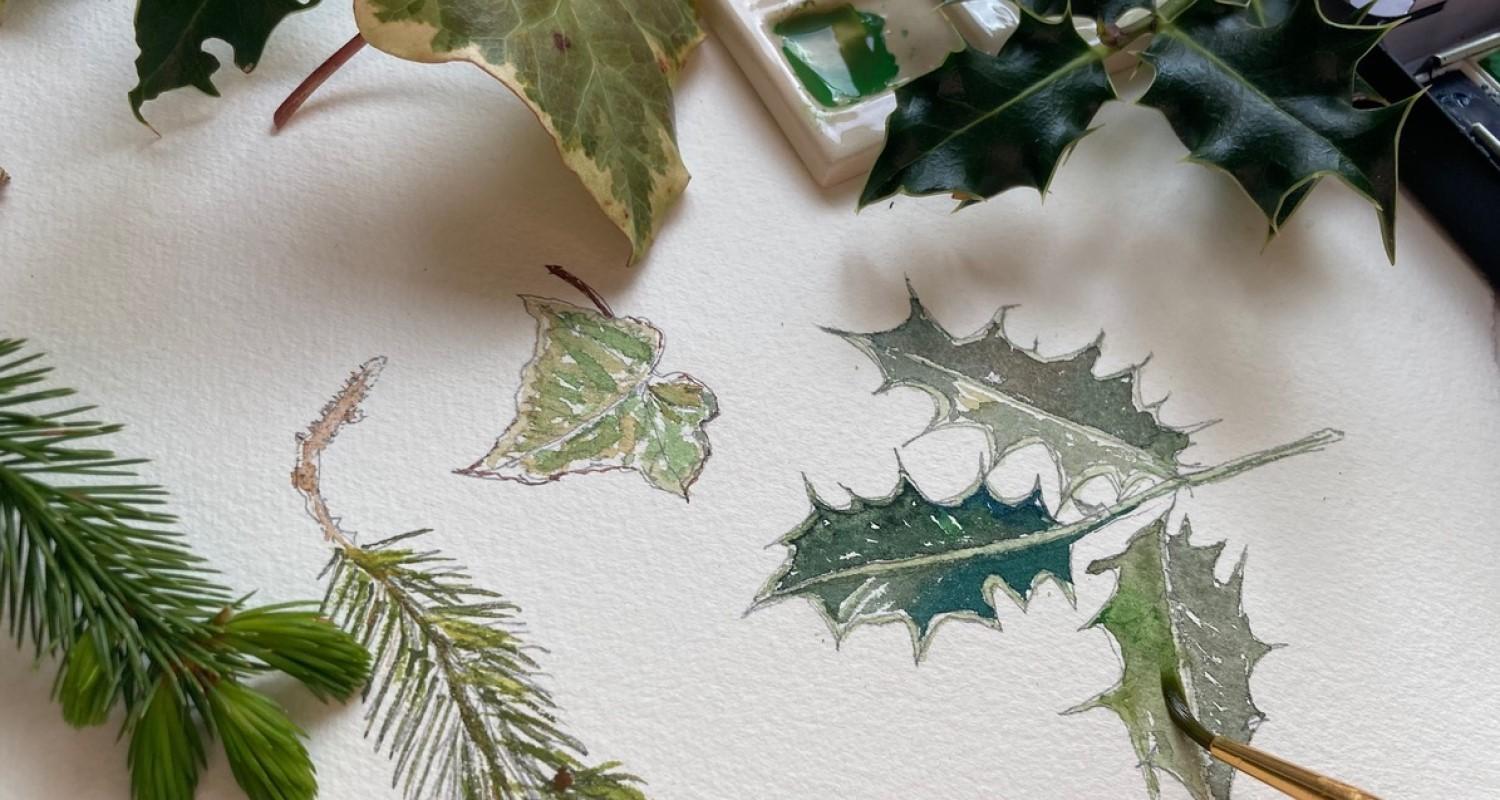 Watercolour sketch of holly leaves with ivy, holly and fir tree branches on the paper beside a palette of paint