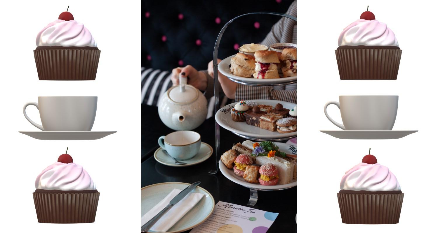 A cake stand with scones, cakes and cupcakes, and someone pouring tea from a white teapot into a turquoise cup