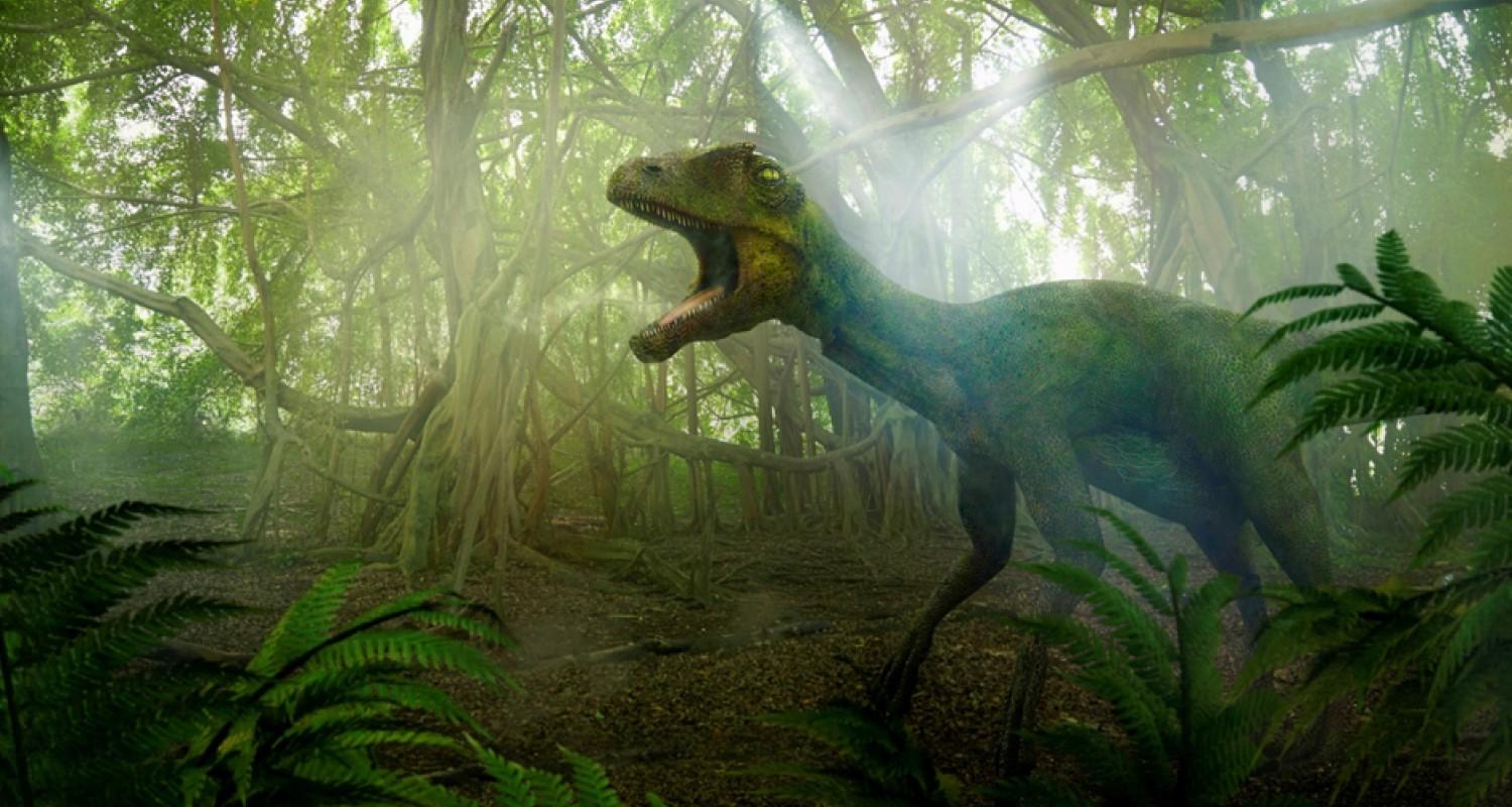 A Microsoft image of a green dinosaur standing in a wood and roaring