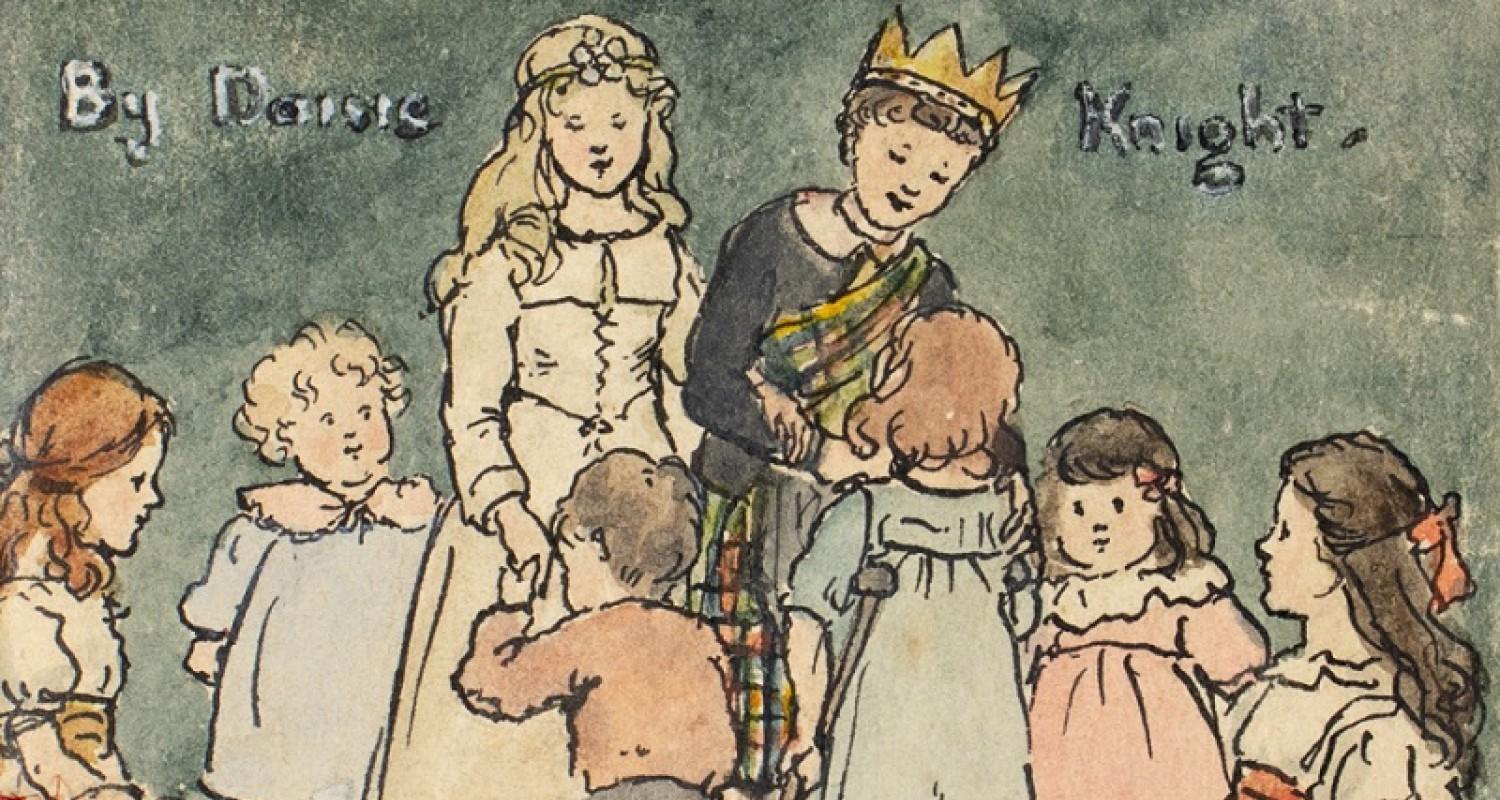 A watercolour of a group of small children crowding round what looks to be an older king and queen. The king wears a crown and a tartan sash