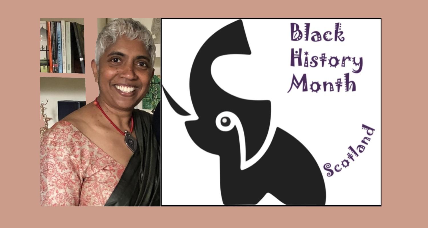 A composition of Hephzibah Israel wearing a pink and black sari and the Black History Month Scotland logo - a stylised image of an elephant with trunk raised