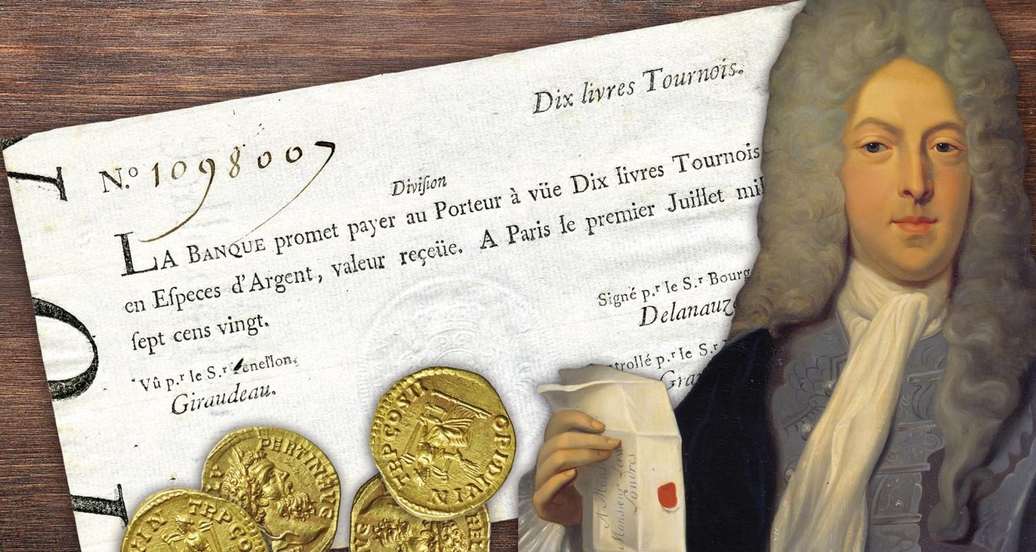 A composite image of John Law in a large wig and holding a sealed document, a French cheque and some gold coins