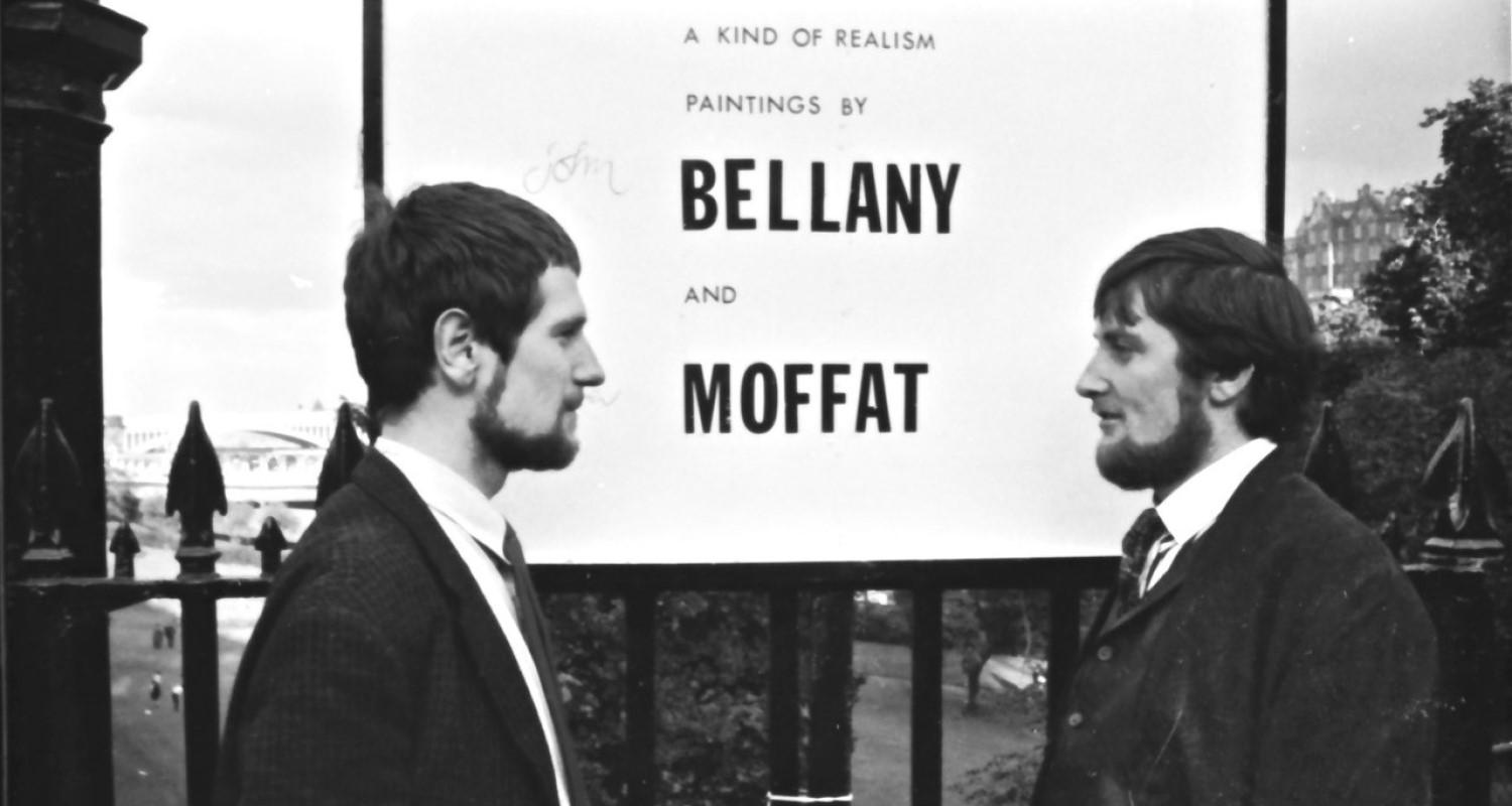 Sandy Moffatt and John Bellany beside a sign for their joint exhibition 