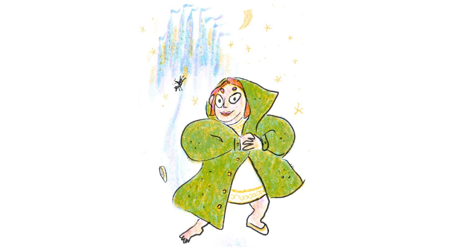 A cartoon of a red haired lady with a white dress covered by a moss-green coat with a hood. She is missing one shoe