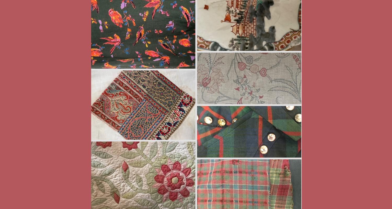 A montage of different fabrics, including red blue and green tartans, to orange birds on a black background, to quilted flowers