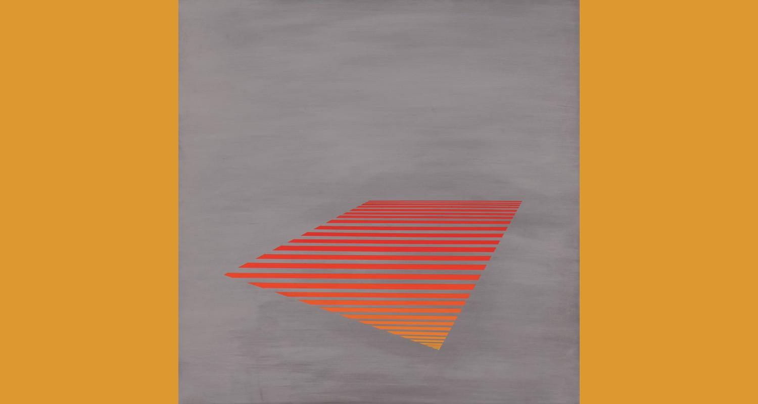 Stripes against a grey background forming a bent diamond and changing in colour from yellow at the front to dark red at the back.