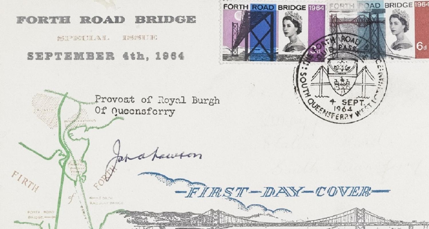 A special edition envelope with stamps showing the Forth Road Bridge