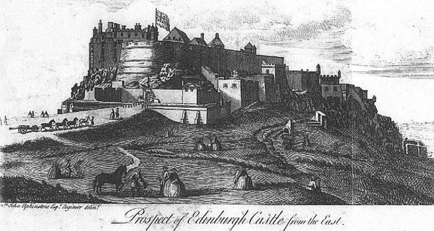 Black and white sketch of mediaeval Edinburgh Castle from the east