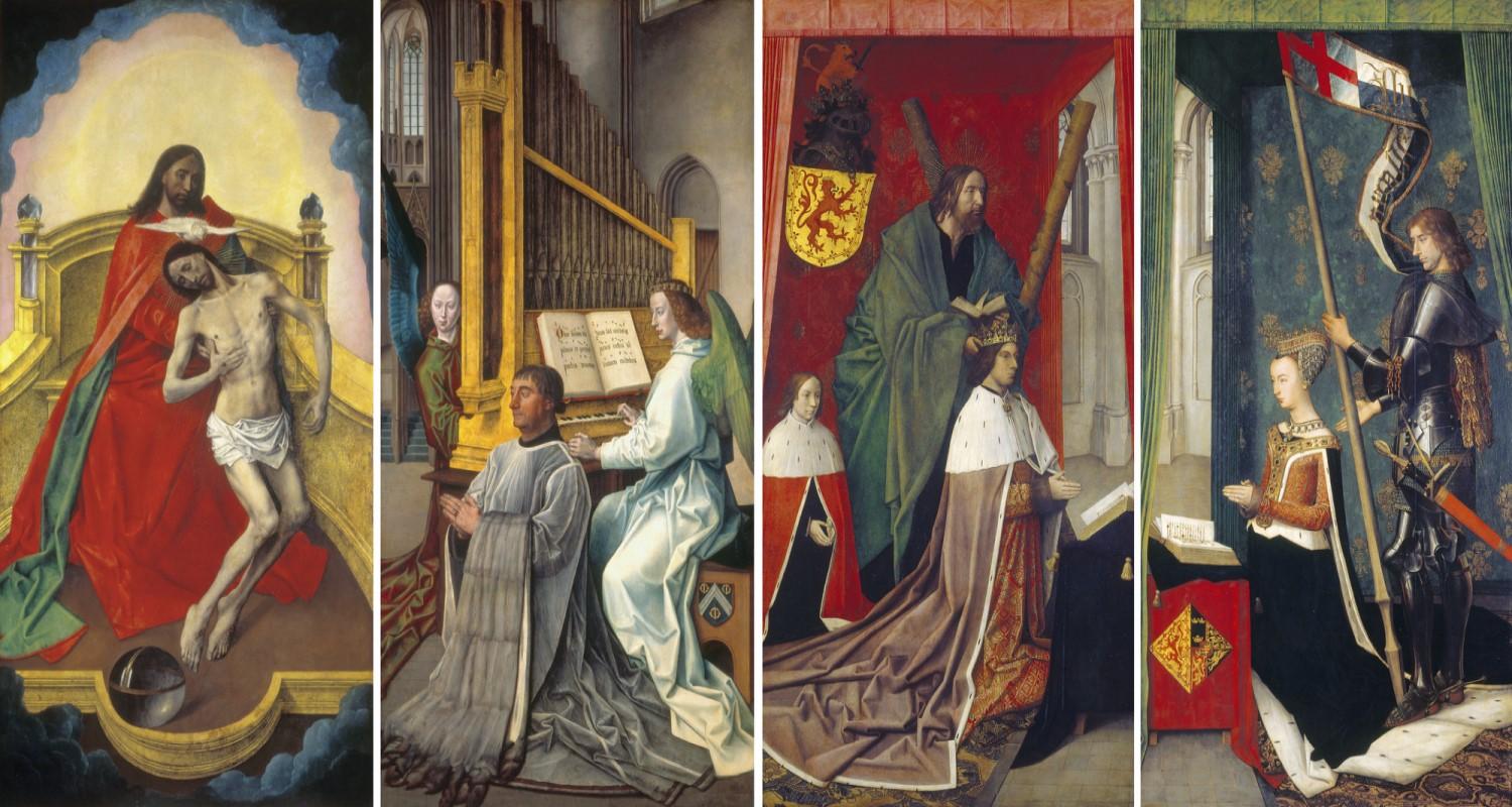Four panels, of James III with his son and Queen Margaret, St Andrew & St George. The lion rampant on the coat of arms is reversed in deference to the holy figures on the missing central panel. 
