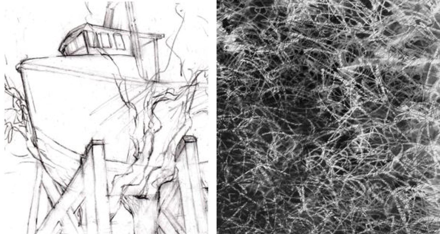 A pencil sketch of a boat up on wooden supports beside a black and white sketch of what looks like fibres