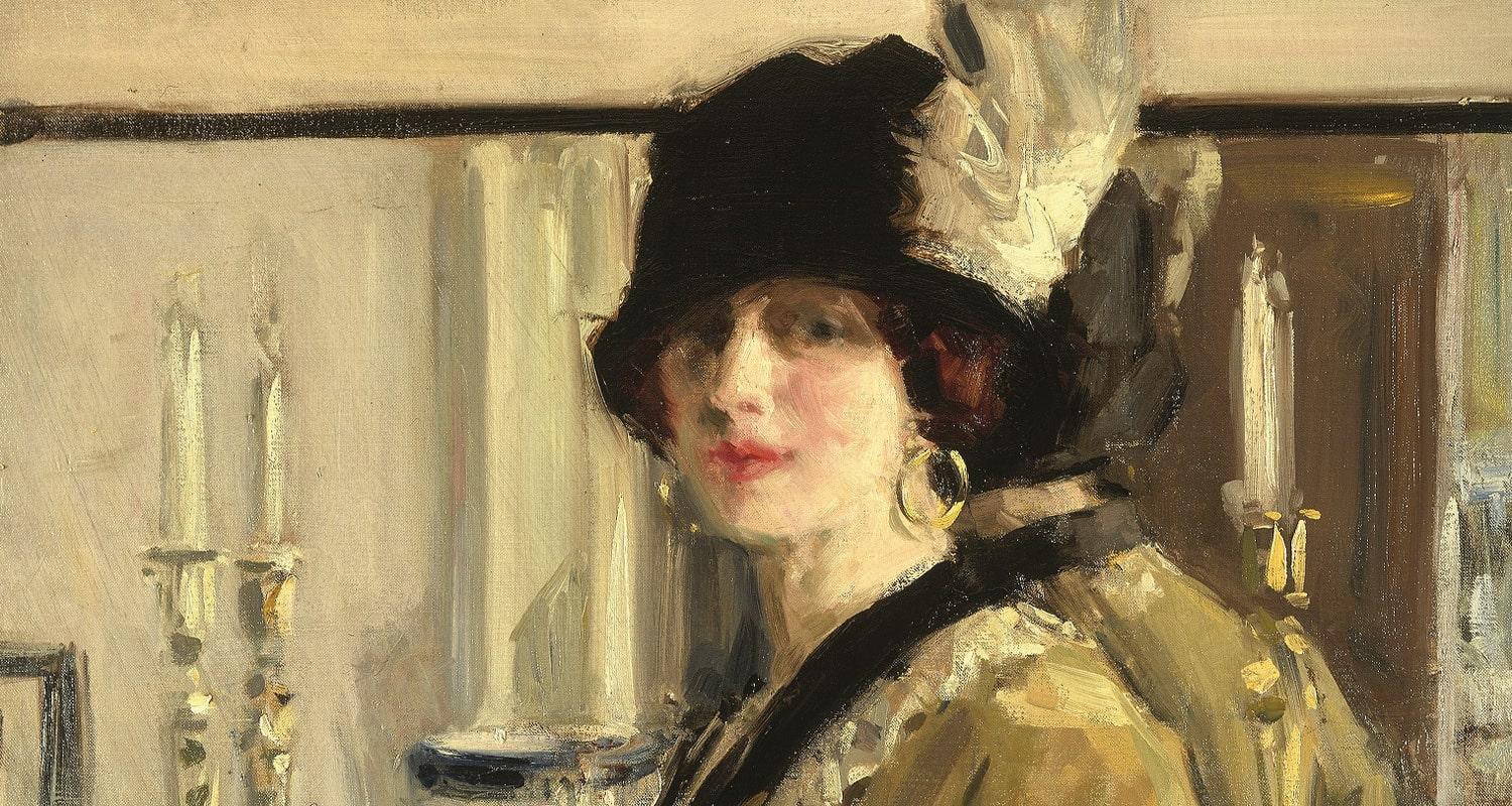 A painting of a lady wearing a black hat