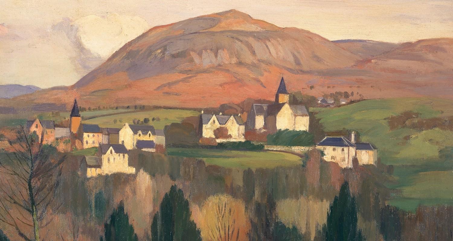 A painting of Melrose from the distance, with hills in the background and trees in the foreground