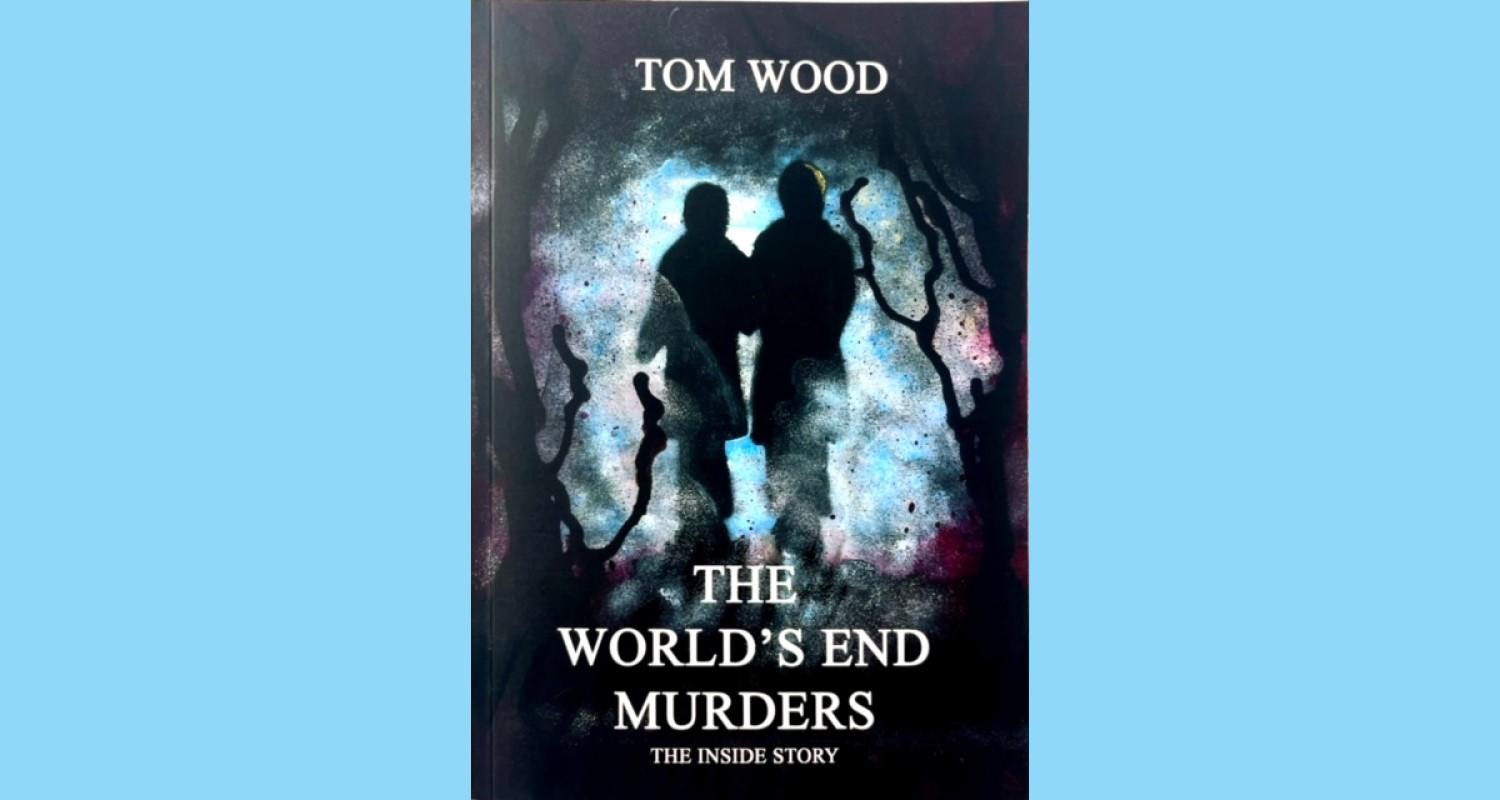 The cover of the The World's End Murders book, showing two silhouetted figures surrounded by shadowy trees and mist