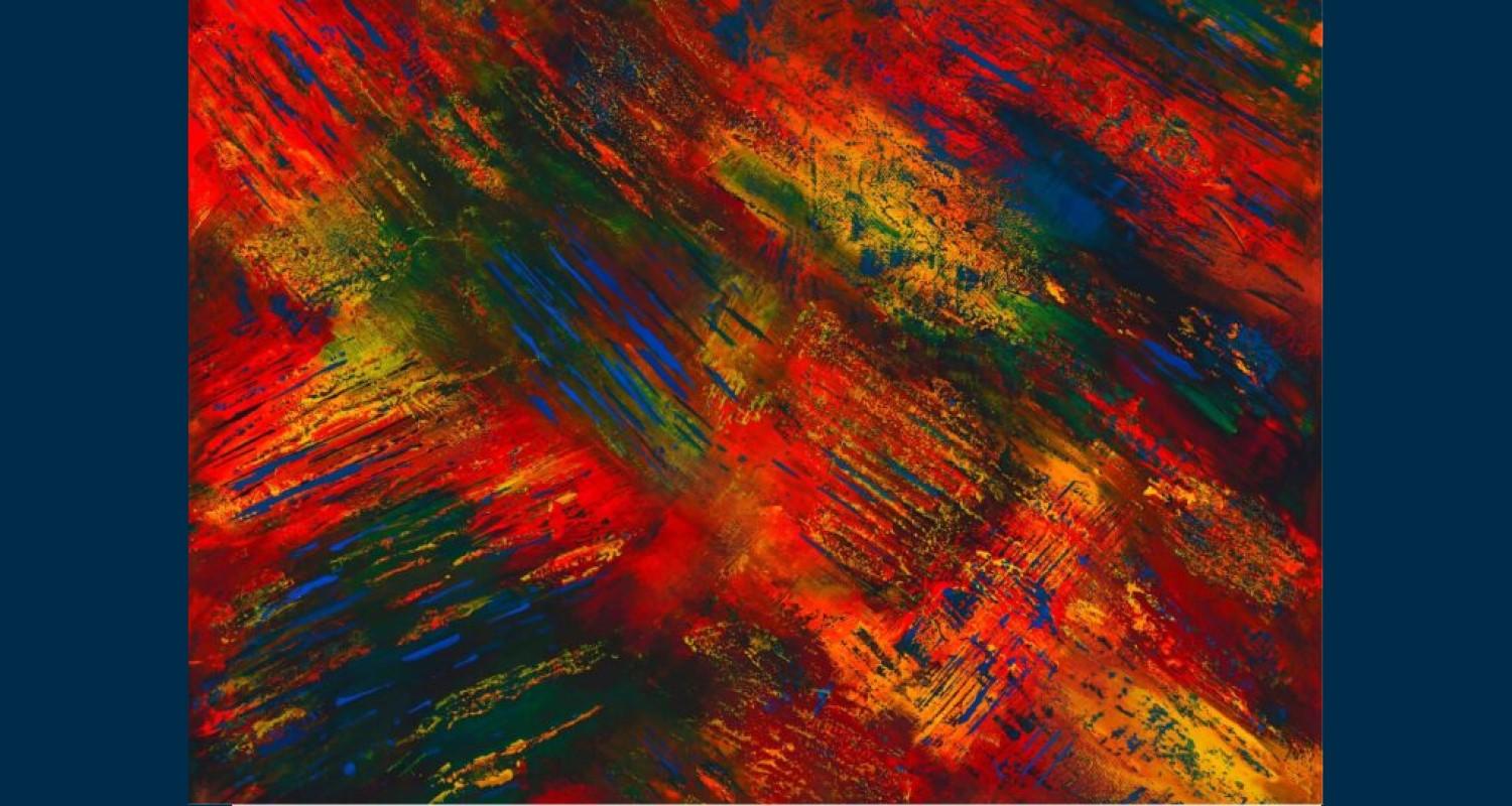 An abstract painting of shades of red, blue, green and yellow - almost like layers of crayon with bits scratched through