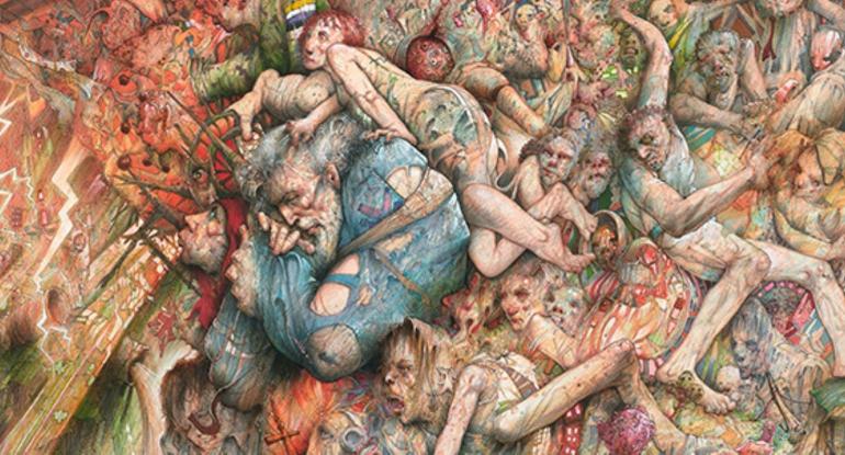 Detail of a painting by Peter Howson featuring lots of figures