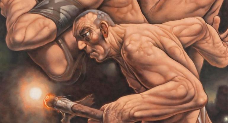 Detail of  Peter Howson Painting featuring a man holding a baton