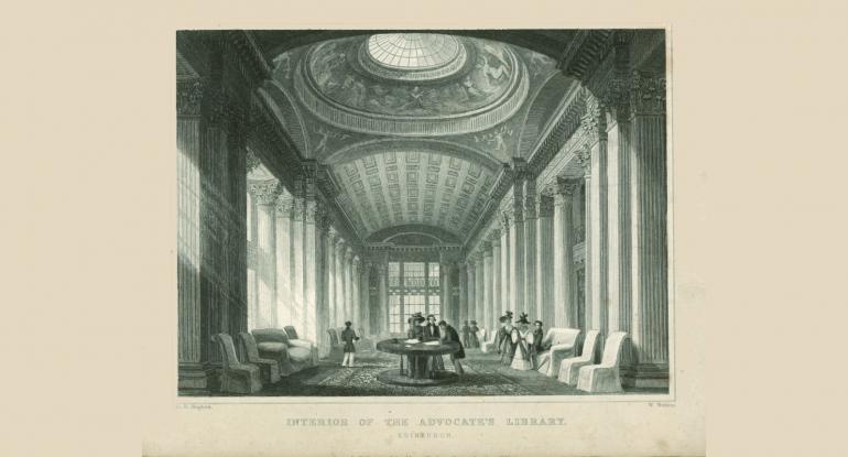 A black and white sketch of the Advocates Library, showing high ceilings with a cupola, corinthian columns, ceiling-high windows, and seats along the walls with groups of people standing