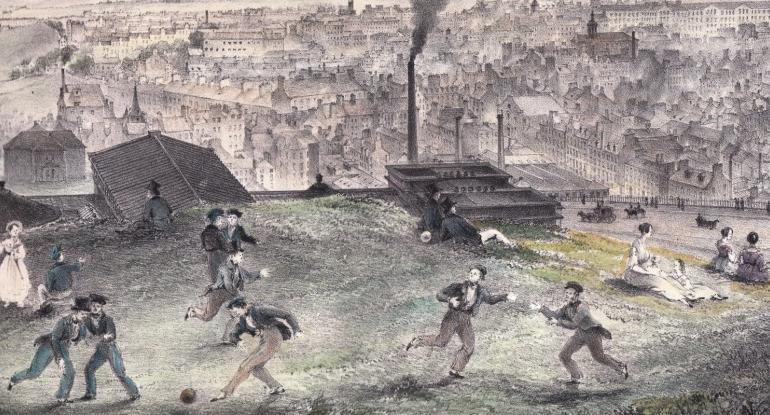 This view looking south from Calton Hill depicts young men playing football, showing that the game was an accepted part of everyday life in the city in the 1840s.