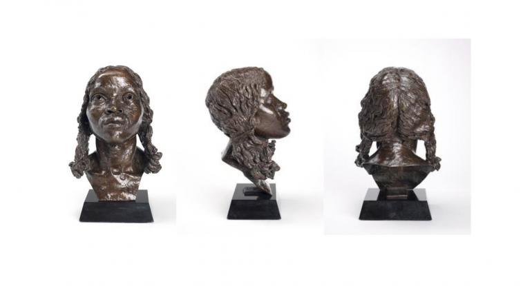 Front, side and back images of a bronze sculpture of a woman's head