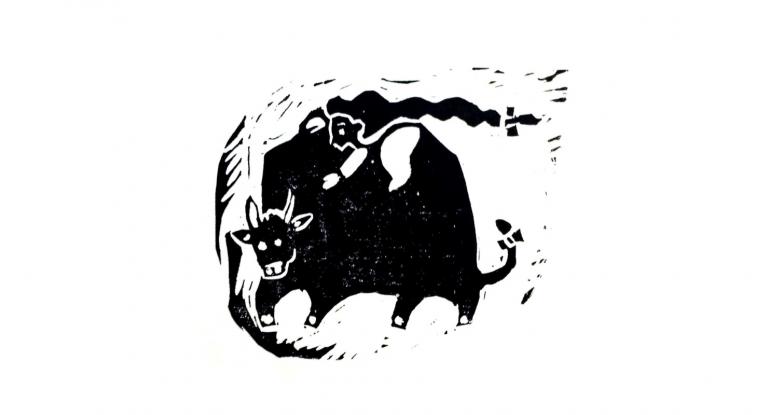 A black and white stencil type image of a black bull with a girl on its bac