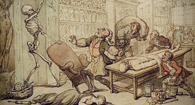 Image of men around a dissection table and another entering with a body in a sack; a body is on the table, a woman lies unconscious on the floor. A skeleton in the doorway wields a sharp implement and the men look up at it in horror