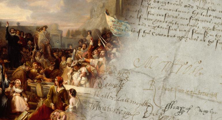 A blended image showing a painting of a group of people in a churchyard signing a document with Edinburgh Castle in the background, fading into a detail view of a document with old handwriting and signatures including "Montrose"