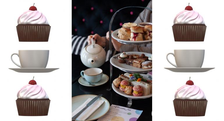 A cake stand with scones, cakes and cupcakes, and someone pouring tea from a white teapot into a turquoise cup