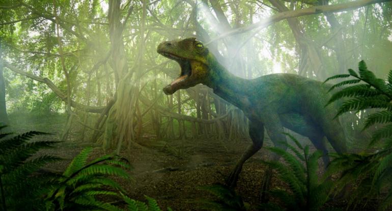 A Microsoft image of a green dinosaur standing in a wood and roaring