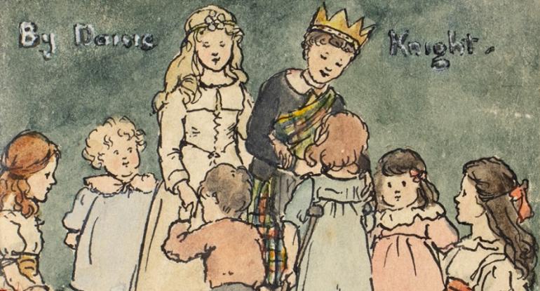 A watercolour of a group of small children crowding round what looks to be an older king and queen. The king wears a crown and a tartan sash