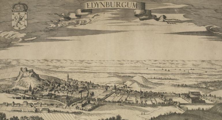 A 1th century drawing of Edinburgh from the Braid Hills, showing mainly hills, trees, fields and the Castle