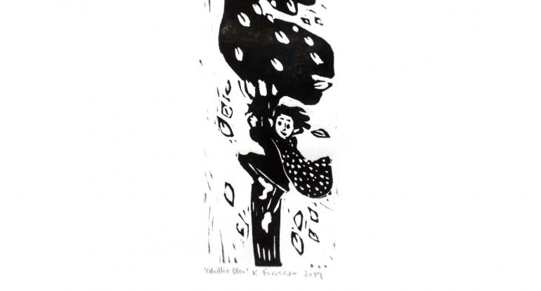 A black and white drawing of a child wearing a spotted cloak and climbing a stylised tree