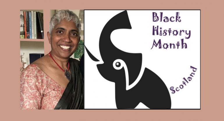 A composition of Hephzibah Israel wearing a pink and black sari and the Black History Month Scotland logo - a stylised image of an elephant with trunk raised