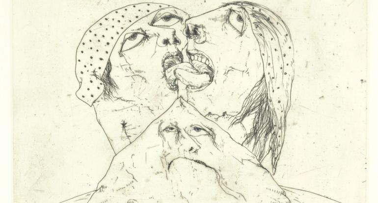 A sketch of two contorted faces kissing                              