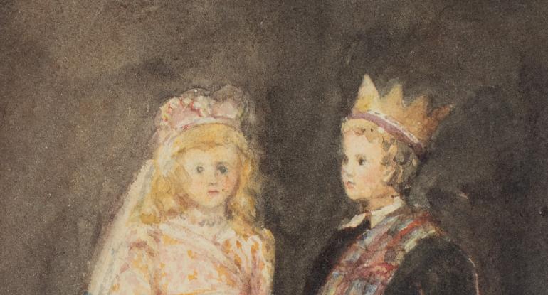 Watercolour painting of a boy and a girl dressed as king and queen